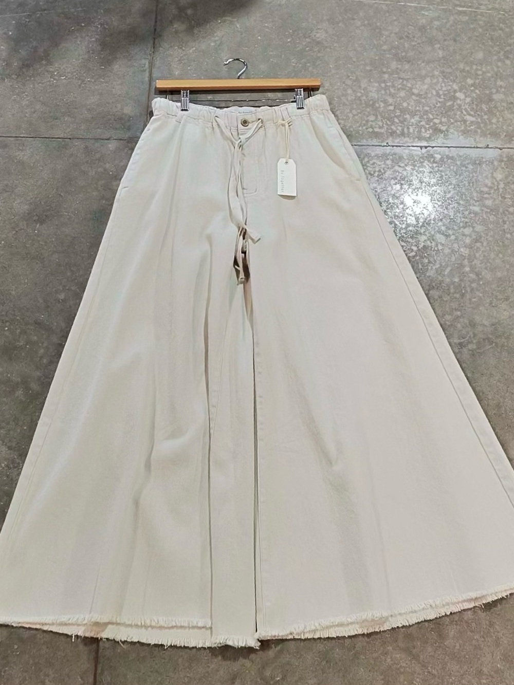 By Together Cream Wide Leg Cropped Pants Raw Hem Boho Coastal NWT S